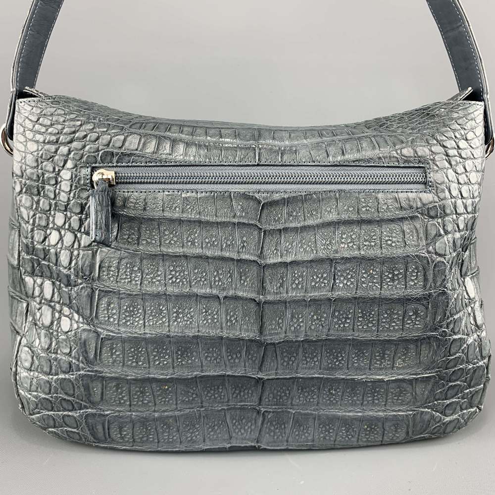 Muted Blue Grey Crocodile Skin Leather Top Handle Handbag - Picture 6 of 11